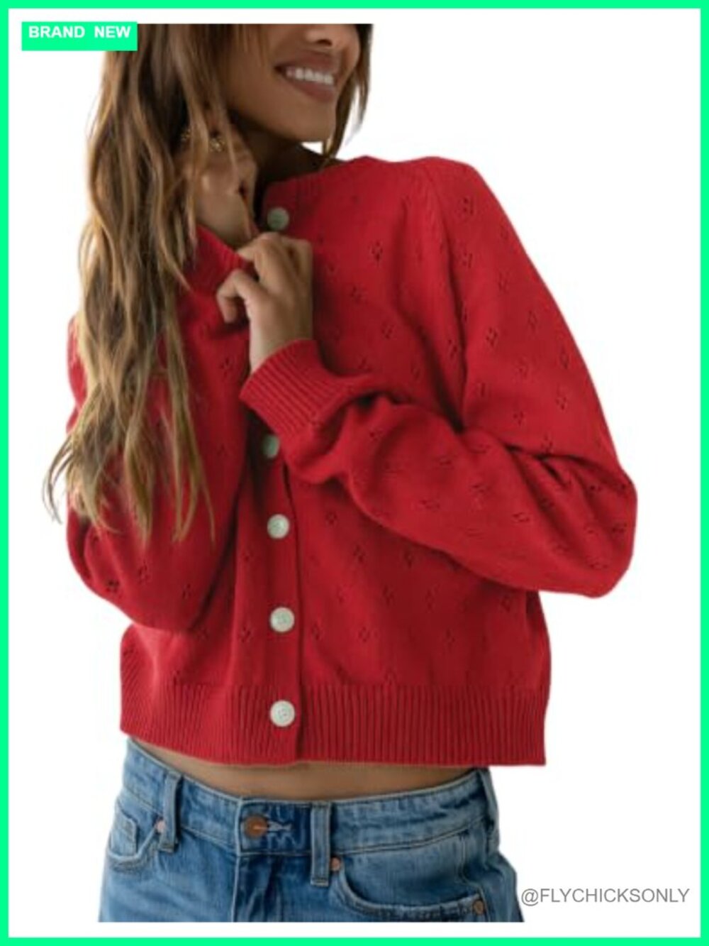 Casual Solid Color Sweater Crewneck Button Down Cardigan Hollow Out Ribbed Knit